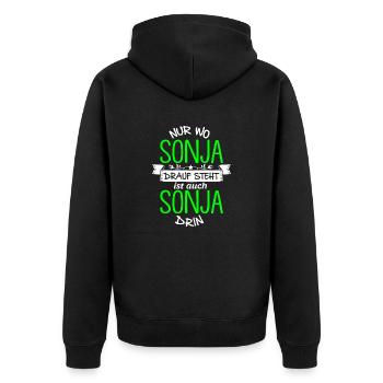 SONJA die Echte - Unisex Premium Bio Zip Hoodie - Schwarz - Hinten - Nico (187cm)
