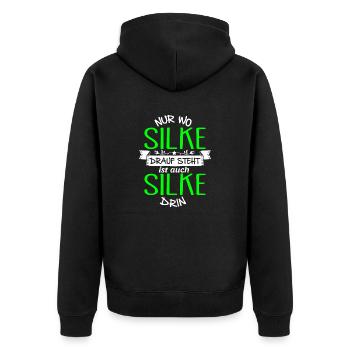 SILKE die Echte - Unisex Premium Bio Zip Hoodie - Schwarz - Hinten - Nico (187cm)