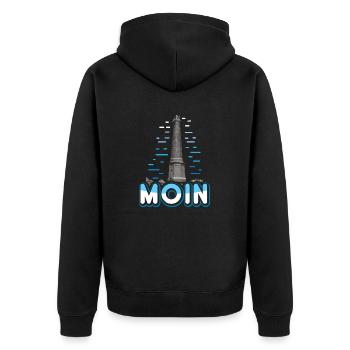 Moin mit Leuchtturm - Unisex Premium Bio Zip Hoodie - Schwarz - Hinten - Nico (187cm)