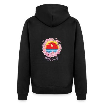 Kranich_Sunrise - Unisex Premium Bio Zip Hoodie - Schwarz - Hinten - Nico (187cm)