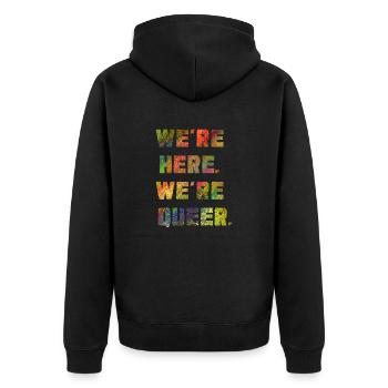 On est là. Nous sommes queer. - Veste à capuche bio Premium Unisexe - noir - Dos - Nico (187cm)