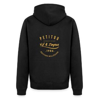 "Petitou 1986" - Unisex Premium Bio Zip Hoodie - Schwarz - Hinten - Nico (187cm)