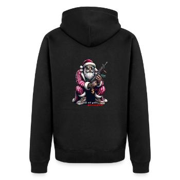 Weihnachtsmann in Russenhocke und lustigem Spruch - Unisex Premium Bio Zip Hoodie - Schwarz - Hinten - Nico (187cm)