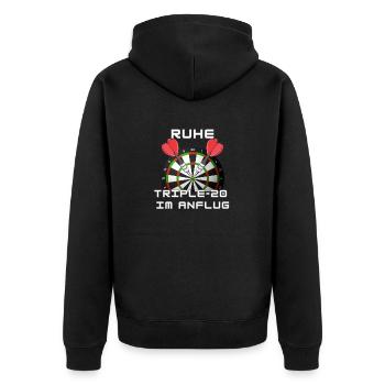 Ruhe, Triple 20 im Anflug - Darts WM - Unisex Premium Bio Zip Hoodie - Schwarz - Hinten - Nico (187cm)