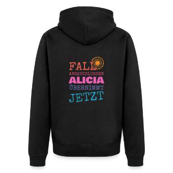 Alicia als Vorname - Unisex Premium Bio Zip Hoodie - Schwarz - Hinten - Nico (187cm)