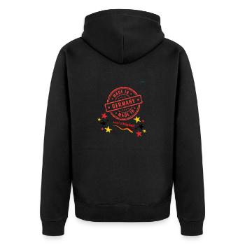 Made in GermanyMadStamp Design mit Sternen und Flagge - Unisex Premium Bio Zip Hoodie - Schwarz - Hinten - Nico (187cm)