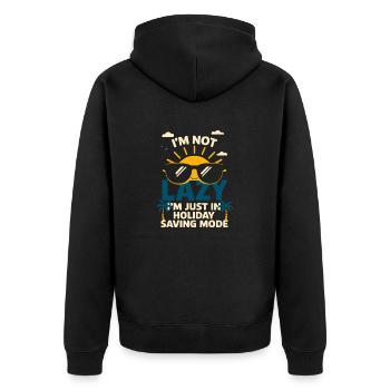 Ich bin nicht faul - nur im Urlaubs-Economy-Modus - Unisex Premium Bio Zip Hoodie - Schwarz - Hinten - Nico (187cm)