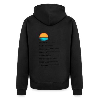 Bekannte Surf Spots Liste - Unisex Premium Bio Zip Hoodie - Schwarz - Hinten - Nico (187cm)