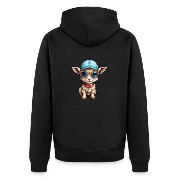 Kleines Ziegenlamm mit blauer Kappe und Brille - Unisex Premium Bio Zip Hoodie - Schwarz - Hinten - Nico (187cm)