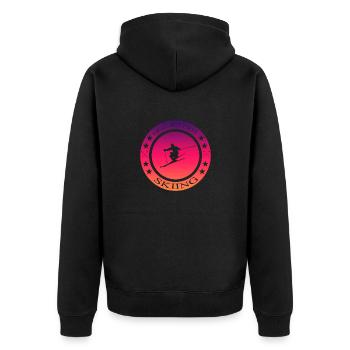 Okay but first skiing - Unisex Premium Bio Zip Hoodie - Schwarz - Hinten - Nico (187cm)