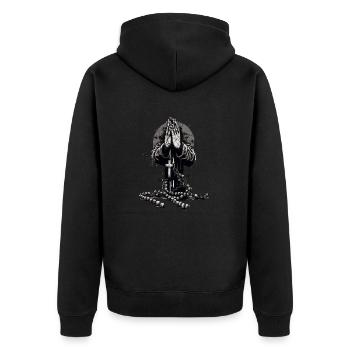 Betende Hände mit Rosenkranz - Unisex Premium Bio Zip Hoodie - Schwarz - Hinten - Nico (187cm)