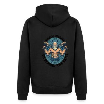 Train Insane Or Remain The Same 25 - Unisex Premium Bio Zip Hoodie - Schwarz - Hinten - Nico (187cm)
