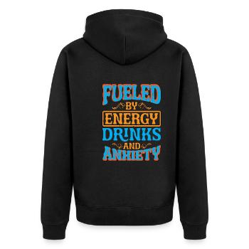 Fueled By Energy Drinks And Anxiety 5 - Unisex Premium Bio Zip Hoodie - Schwarz - Hinten - Nico (187cm)