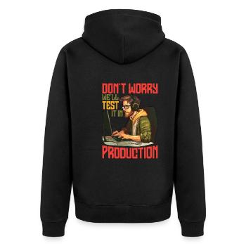 Don't Worry, We'll Test It In Production 7 - Unisex Premium Bio Zip Hoodie - Schwarz - Hinten - Nico (187cm)