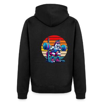 Licorne arc-en-ciel accroupie dans la salle de sport - Veste à capuche bio Premium Unisexe - noir - Dos - Nico (187cm)