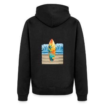 "Ride the Wave - Hawaian Surf Vibes" - Unisex Premium Bio Zip Hoodie - Schwarz - Hinten - Nico (187cm)