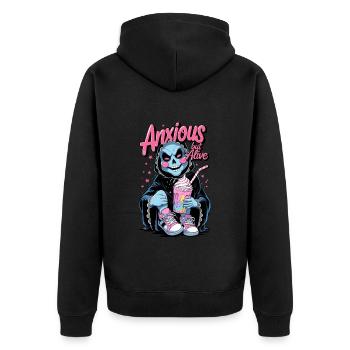 Kreatives Sensenmann-Design Anxious but Alive mit - Unisex Premium Bio Zip Hoodie - Schwarz - Hinten - Nico (187cm)