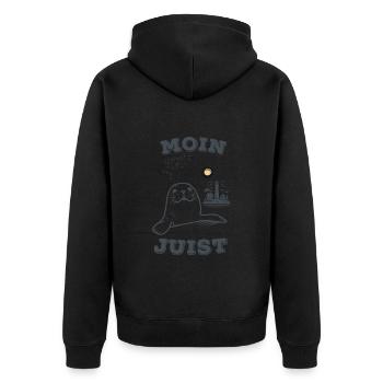 Lustiges Juist Shirt mit Seerobbe und Spruch Moin - Unisex Premium Bio Zip Hoodie - Schwarz - Hinten - Nico (187cm)