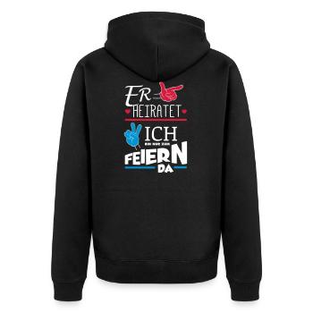ER HEIRATET JGA - Unisex Premium Bio Zip Hoodie - Schwarz - Hinten - Nico (187cm)