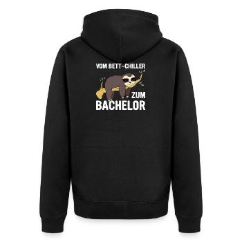 VOM BETT CHILLER ZUM BACHELOR - Unisex Premium Bio Zip Hoodie - Schwarz - Hinten - Nico (187cm)