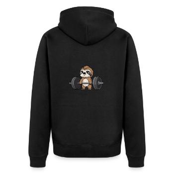 Faultier beim Workout: Hantel, Bankdrücken & Kreuz - Unisex Premium Bio Zip Hoodie - Schwarz - Hinten - Nico (187cm)
