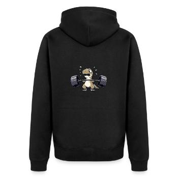 T-Rex Dino Hantel Gewichtheber Fitness Workout - Unisex Premium Bio Zip Hoodie - Schwarz - Hinten - Nico (187cm)