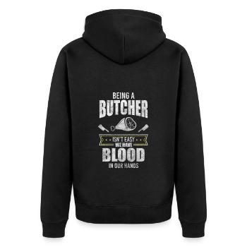 Fleischer Fleischerei Schlachten - Unisex Premium Bio Zip Hoodie - Schwarz - Hinten - Nico (187cm)