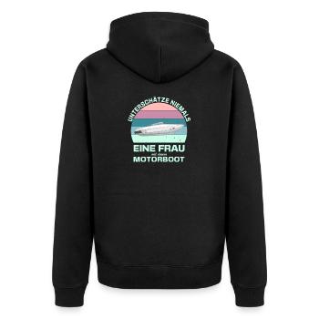 Unterschätze niemals eine Frau am Motorboot - Unisex Premium Bio Zip Hoodie - Schwarz - Hinten - Nico (187cm)