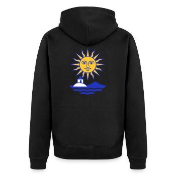 Greece Sun: Sun, Water, Chapel - Unisex Premium Organic Zip Hoodie - black - Back - Nico (187cm)