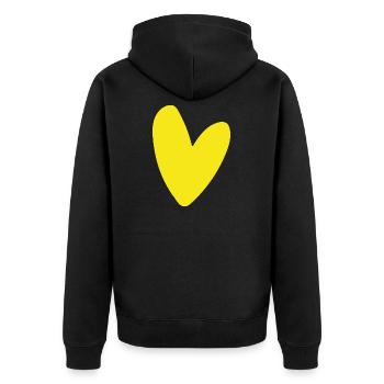 Gelbes Herz auf Schwarz Minimalismus leuchtend - Unisex Premium Bio Zip Hoodie - Schwarz - Hinten - Nico (187cm)