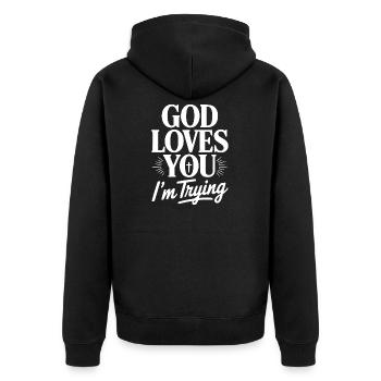 Gott liebt dich. Ich versuche es. - Unisex Premium Bio Zip Hoodie - Schwarz - Hinten - Nico (187cm)