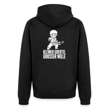 tKleiner Gürtel Großer Wille – Karate Kind - Unisex Premium Bio Zip Hoodie - Schwarz - Hinten - Nico (187cm)