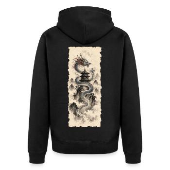 Blauer Drache im chinesischen Bergnebel - Unisex Premium Bio Zip Hoodie - Schwarz - Hinten - Nico (187cm)