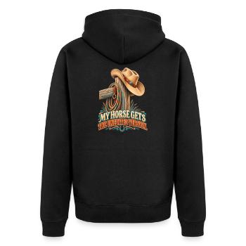 Mein Pferd bekommt die ungeschnittene Version – Western-Humor - Unisex Premium Bio Zip Hoodie - Schwarz - Hinten - Nico (187cm)