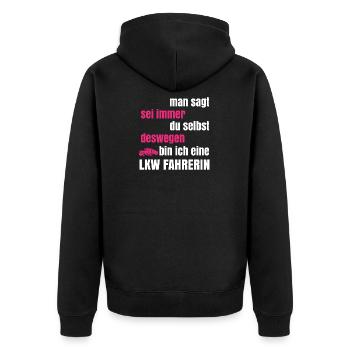 LKW Shirt · sei immer du selbst · Geschenk - Unisex Premium Bio Zip Hoodie - Schwarz - Hinten - Nico (187cm)