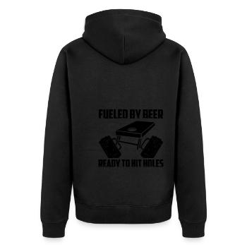 Cornhole Spieler Cornholer Team Sackloch Sport - Unisex Premium Bio Zip Hoodie - Schwarz - Hinten - Nico (187cm)