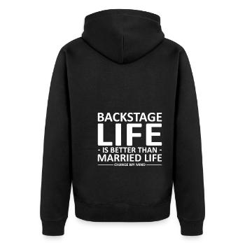 Bühnentechnik Geschenke | Bühnentechniker Stage - Unisex Premium Bio Zip Hoodie - Schwarz - Hinten - Nico (187cm)