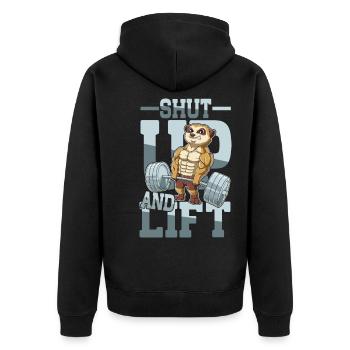 Shut Up and Lift - Unisex Premium Bio Zip Hoodie - Schwarz - Hinten - Nico (187cm)