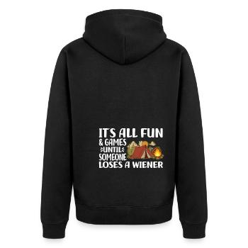 Camping Geschenkideen | Camper Urlaub Lagerfeuer - Unisex Premium Bio Zip Hoodie - Schwarz - Hinten - Nico (187cm)