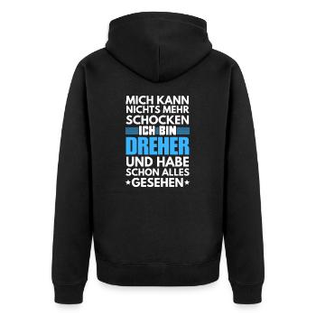 Nicht schockbarer Dreher - Unisex Premium Bio Zip Hoodie - Schwarz - Hinten - Nico (187cm)