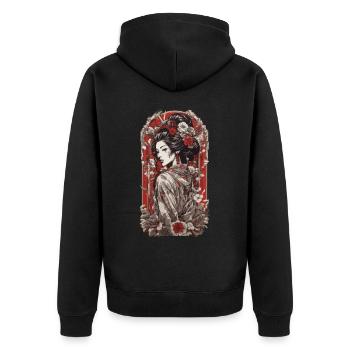 Modern Geisha Streetwear Retro Japan Art Style - Unisex Premium Bio Zip Hoodie - Schwarz - Hinten - Nico (187cm)