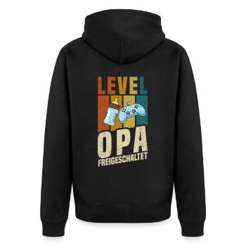 Level Opa Freigeschaltet - Unisex Premium Bio Zip Hoodie - Schwarz - Hinten - Nico (187cm)