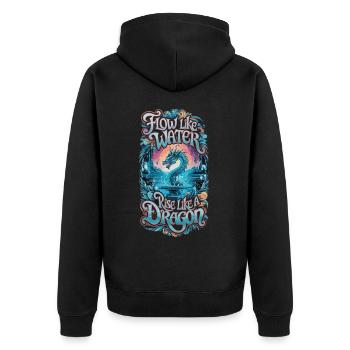 Fließe wie Wasser, erhebe dich wie ein Drache - Unisex Premium Bio Zip Hoodie - Schwarz - Hinten - Nico (187cm)