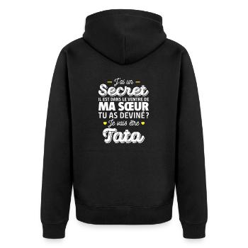 Secret / je vais être tata / future tata - Veste à capuche bio Premium Unisexe - noir - Dos - Nico (187cm)