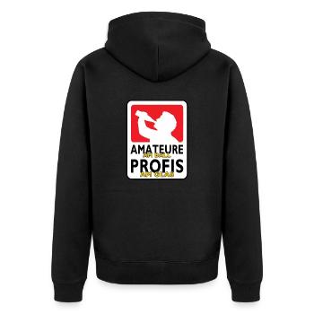 PROFIS am Glas / Kreisliga und Kreisklasse - Unisex Premium Bio Zip Hoodie - Schwarz - Hinten - Nico (187cm)