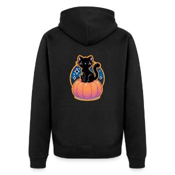 Die Katze und der Kürbis - Unisex Premium Bio Zip Hoodie - Schwarz - Hinten - Nico (187cm)