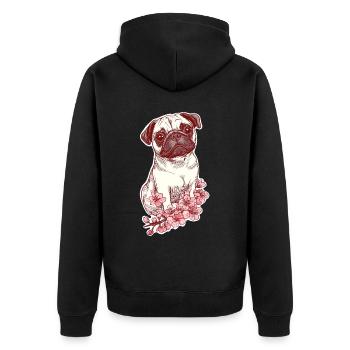 Mops mit Blüten - Unisex Premium Bio Zip Hoodie - Schwarz - Hinten - Nico (187cm)