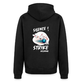 SILENCE - STRIKE incoming - Bowling Team - Unisex Premium Bio Zip Hoodie - Schwarz - Hinten - Nico (187cm)