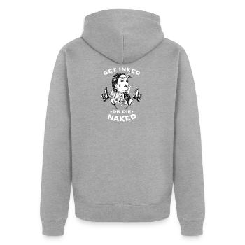 Tattoo Girl est encrée ou meurt nue - Veste à capuche bio Premium Unisexe - gris chiné - Dos - Nico (187cm)