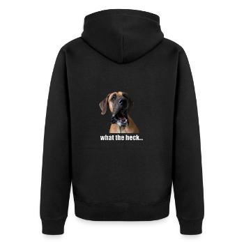 What the heck..! - Unisex Premium Bio Zip Hoodie - Schwarz - Hinten - Nico (187cm)